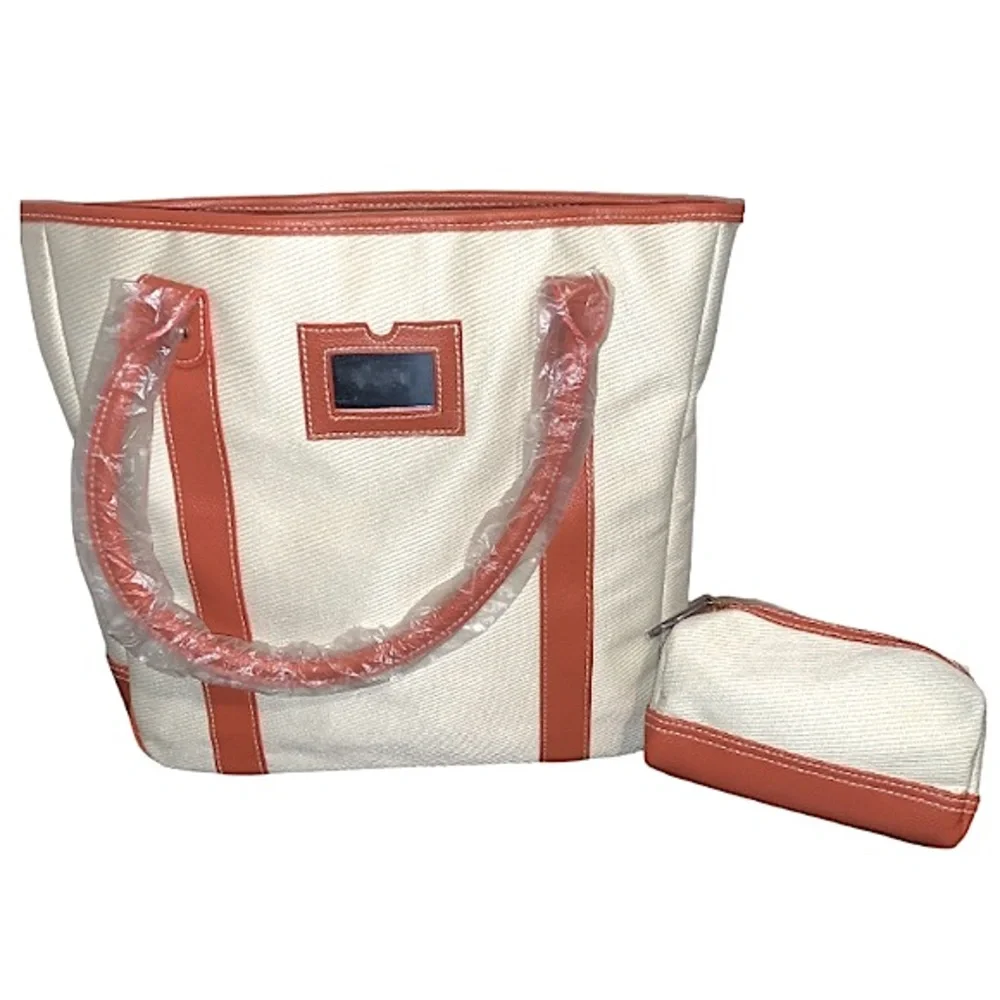 Estee Lauder Orange Leather Trim Cream Shoulder Bag Tote Purse with Pouch